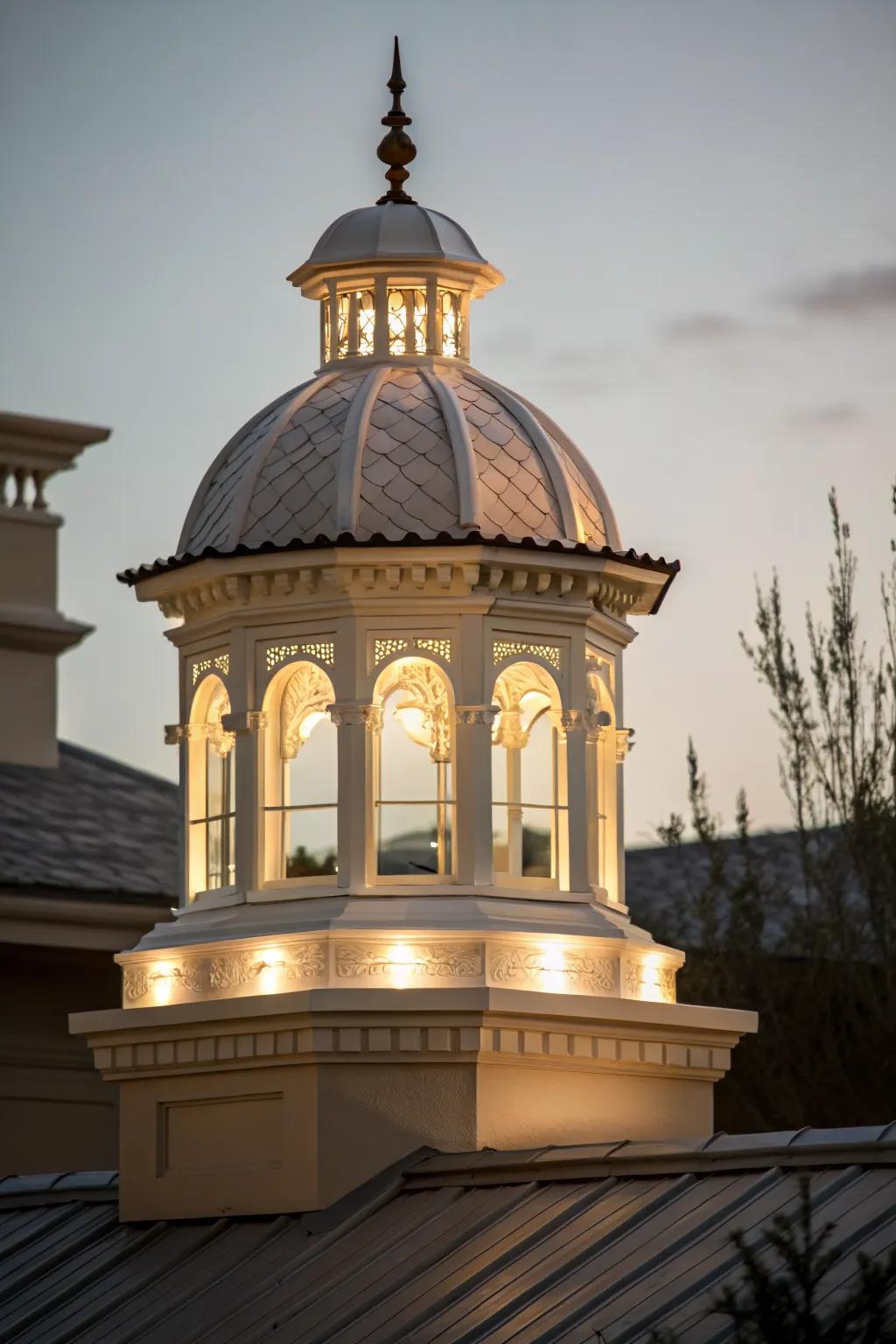 Accent lighting highlighting a cupola's finial.