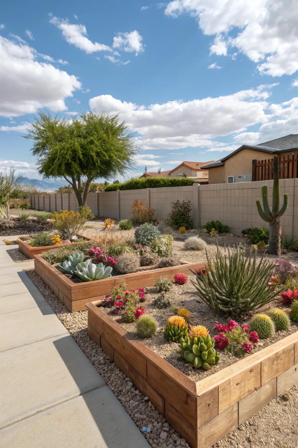 Raised beds add dimension and order to your desert garden.