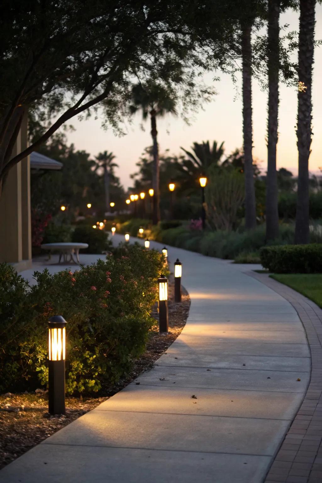 Pathway lighting adds warmth and safety.