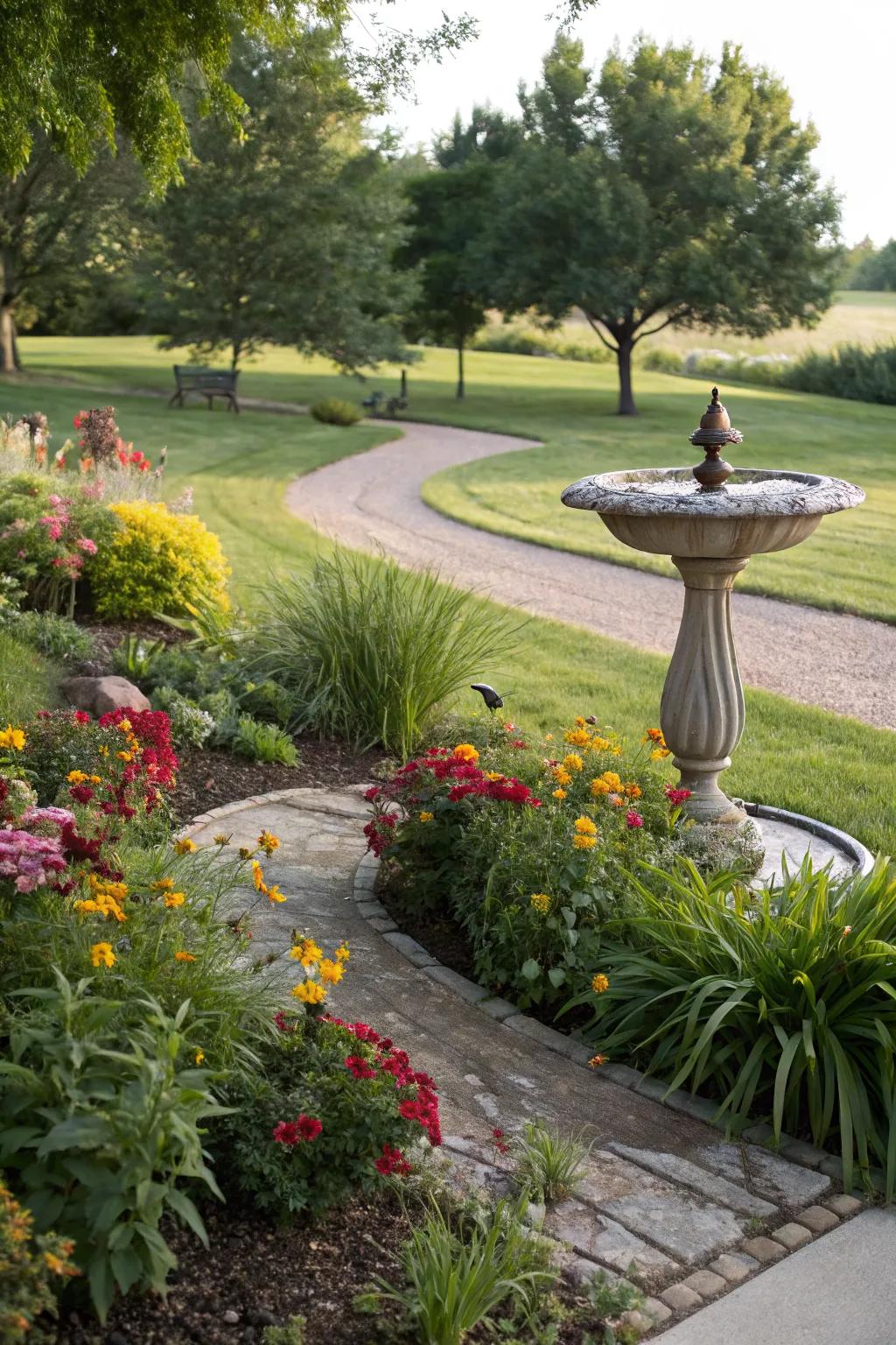 Focal points like birdbaths add charm and interest.