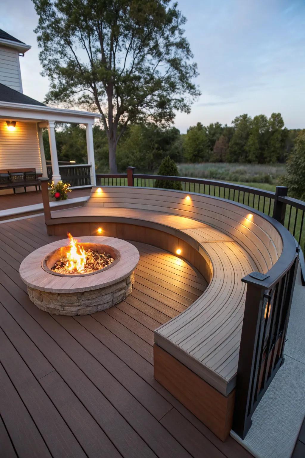 A welcoming fire pit area nestled within a curved deck design.