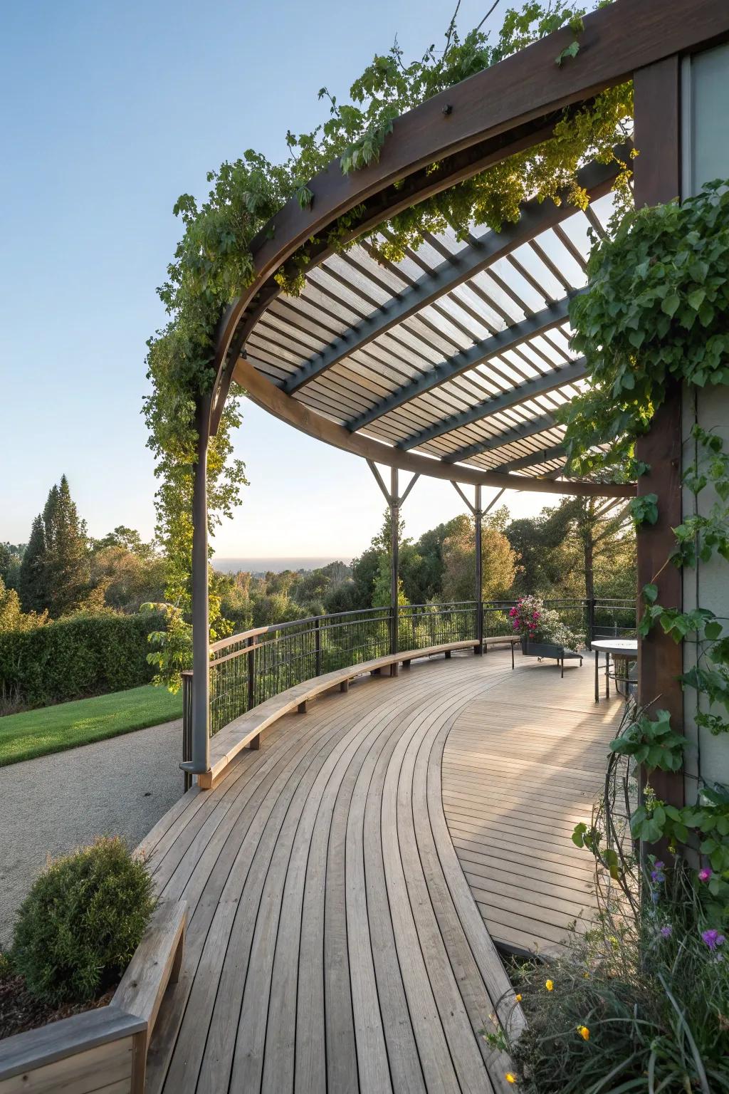 Curved pergola adding elegance and shade to the deck.