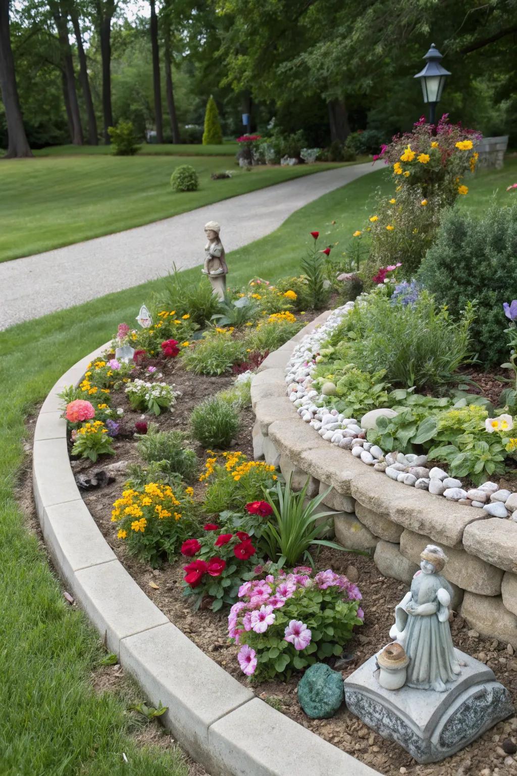 A blend of natural and man-made elements in a curved flower bed.