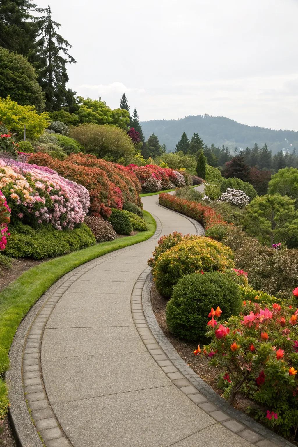 A curved walkway bordered by vibrant flower beds and lush shrubs.