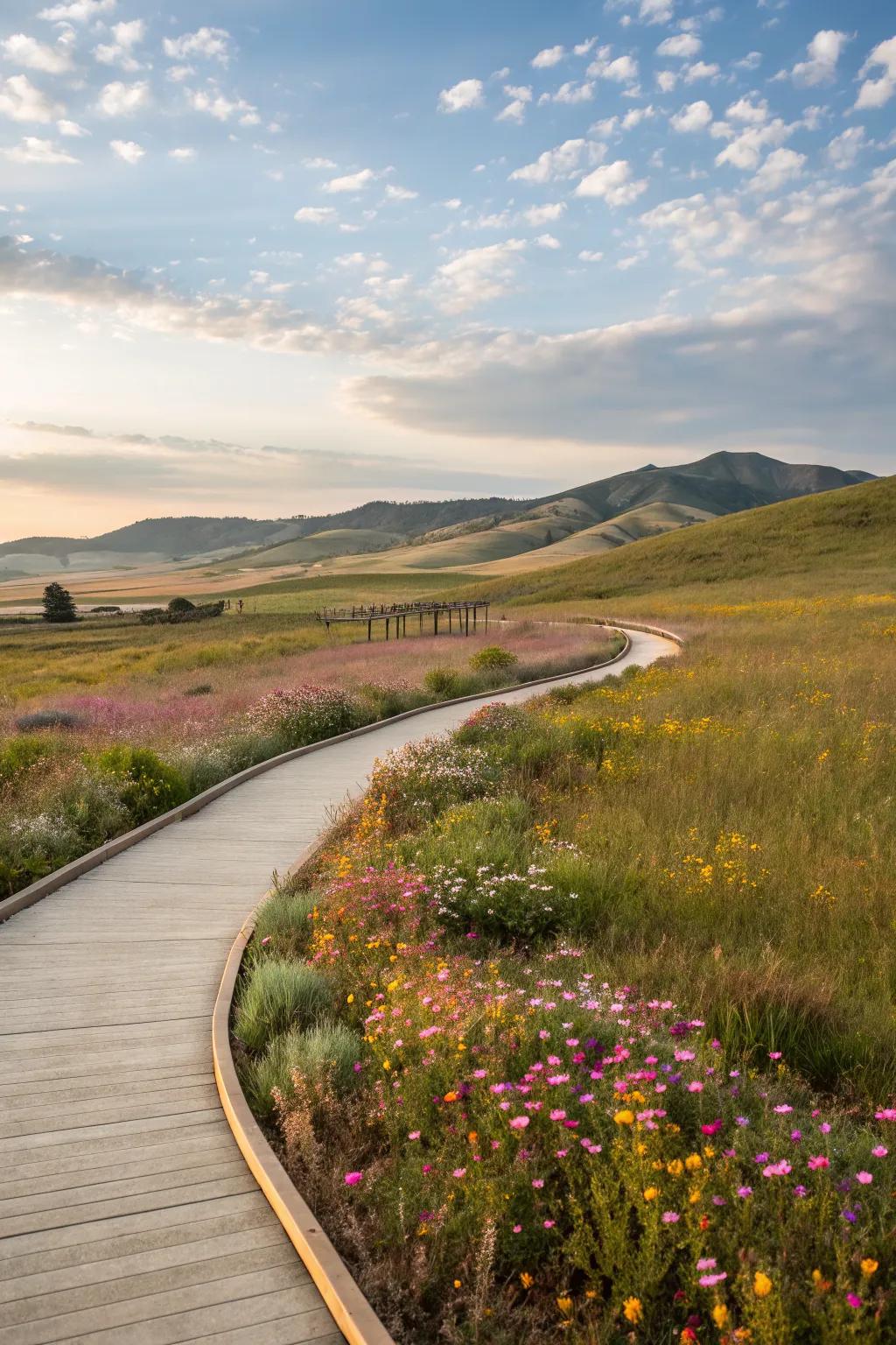 A whimsical walkway meandering through vibrant wildflowers.
