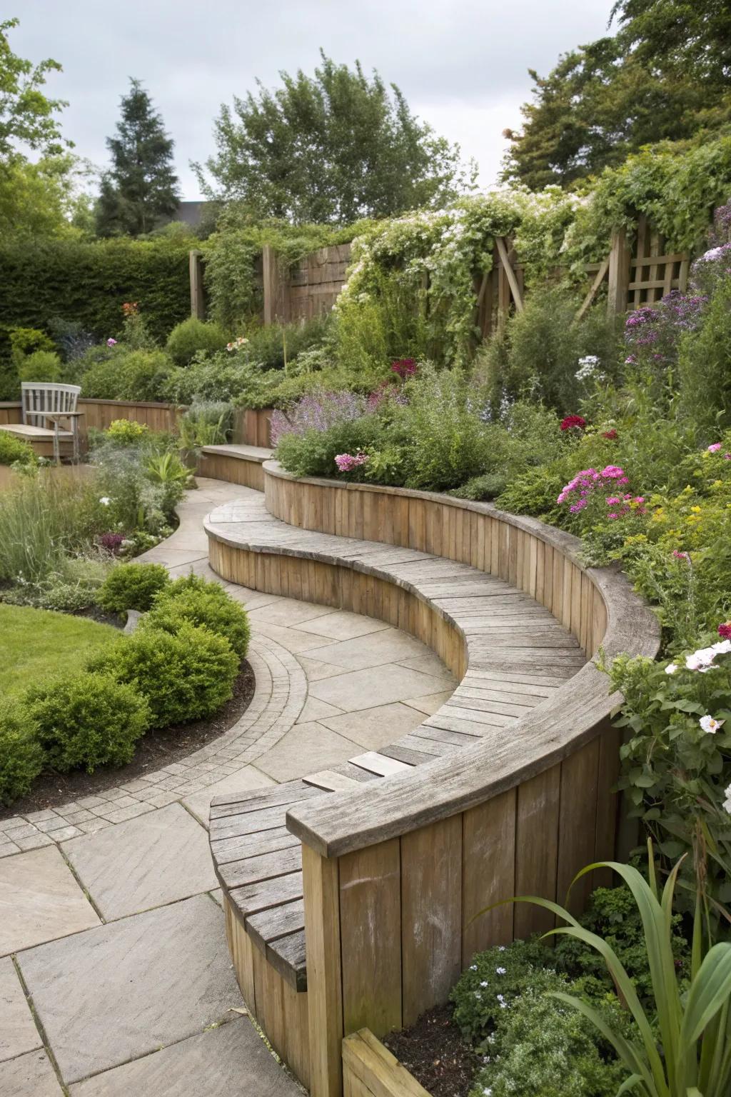 Enjoy your garden with seating integrated into your curved beds.
