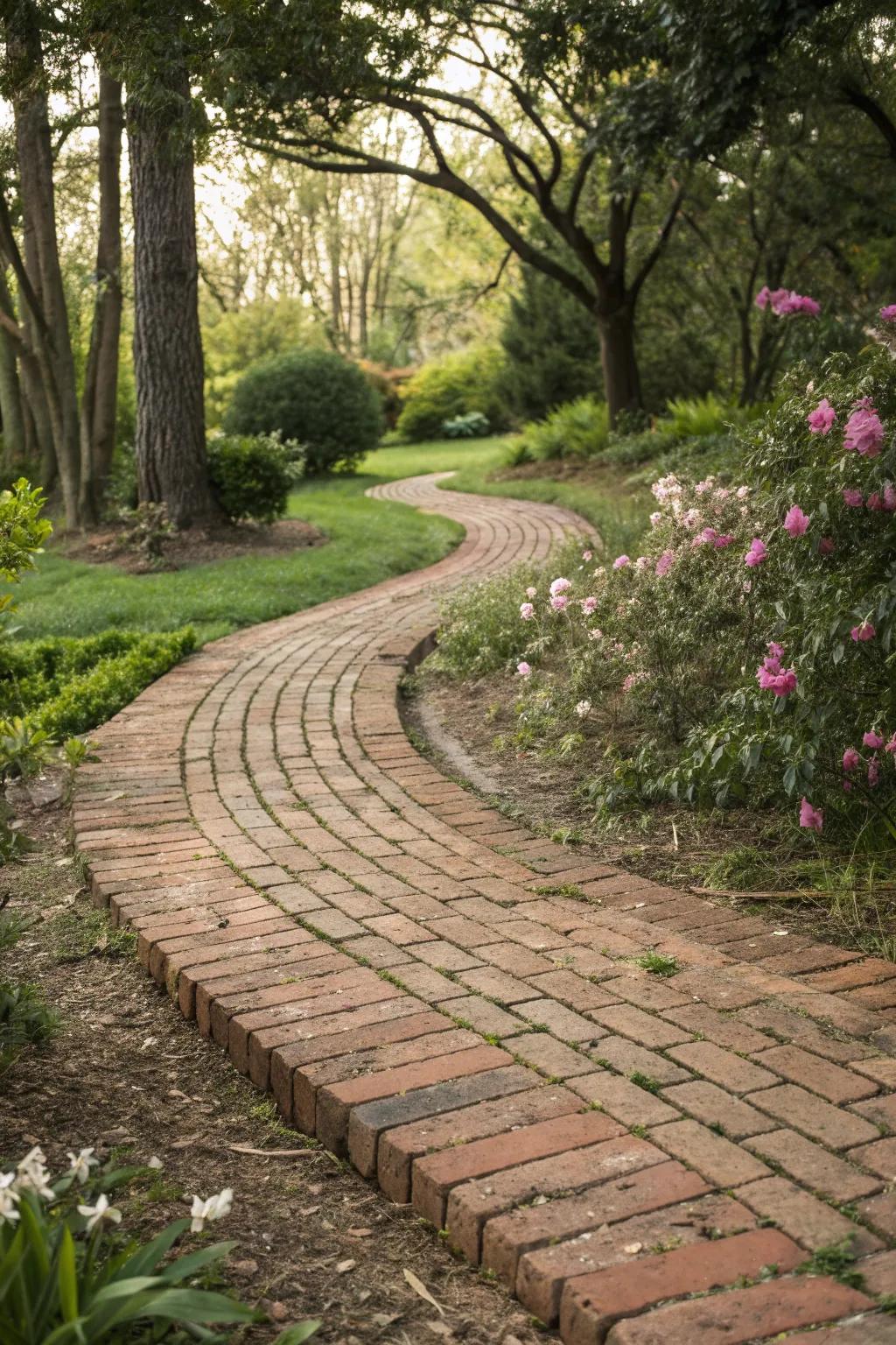 Charming rustic bricks winding through a garden.