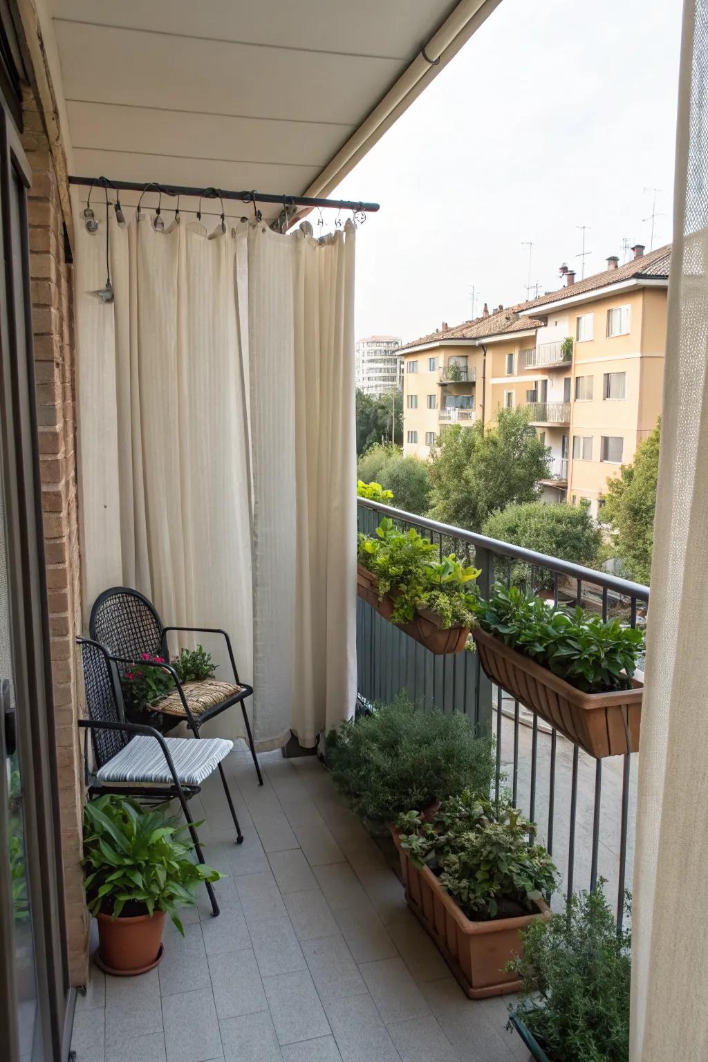 A small balcony featuring stylish privacy curtains.