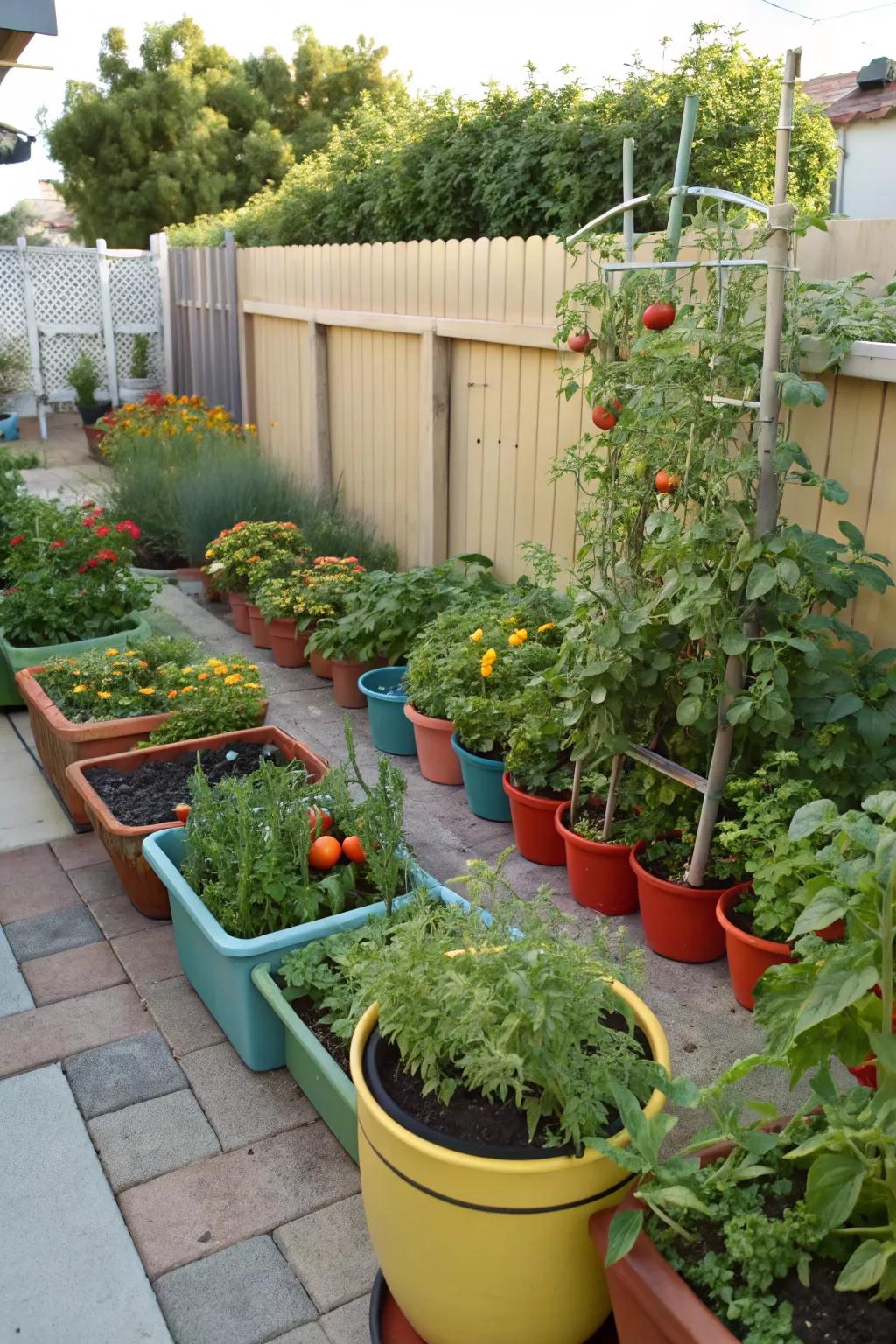 Colorful pots offer flexibility and style in limited spaces.