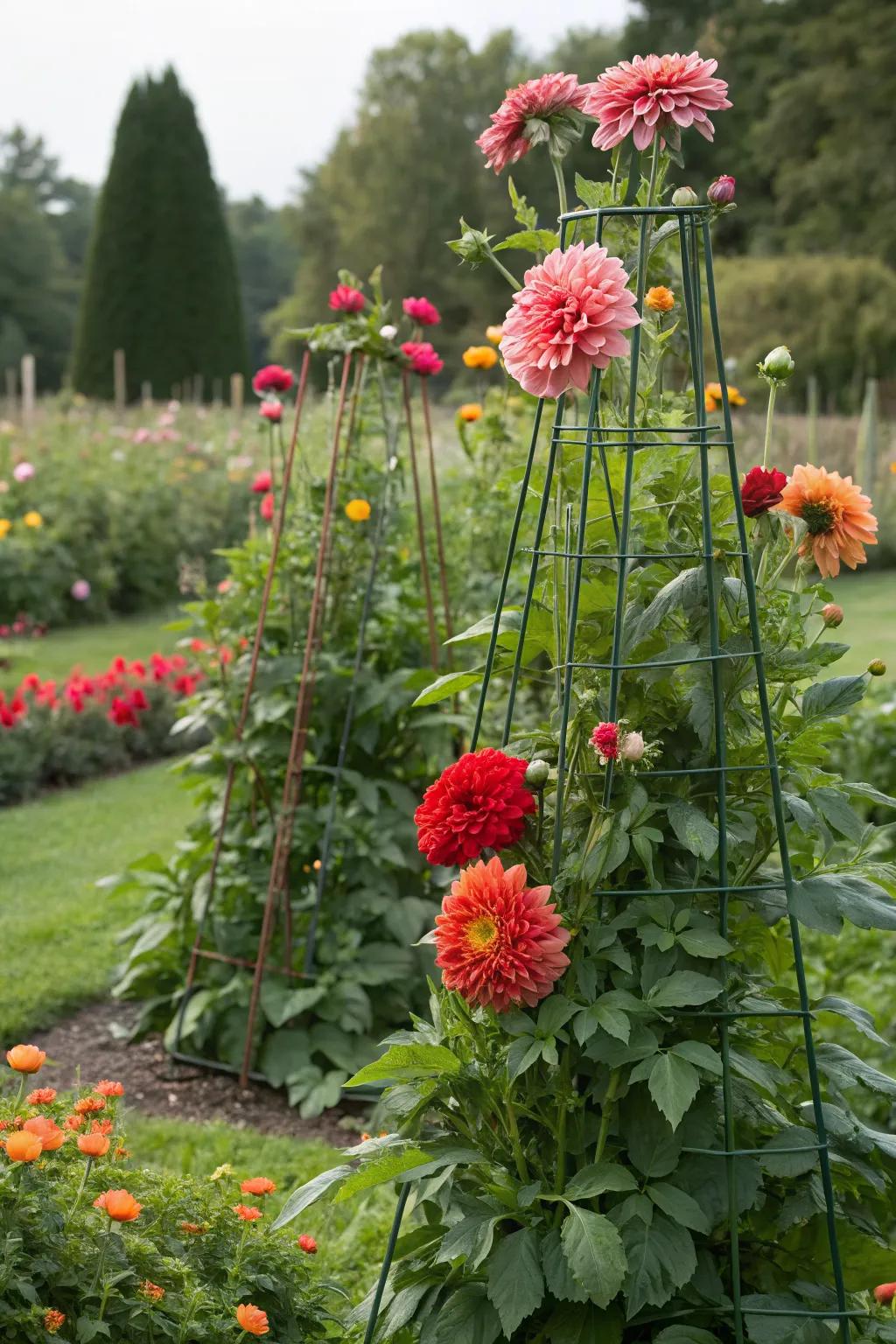 Tomato cages providing robust support for dahlias.