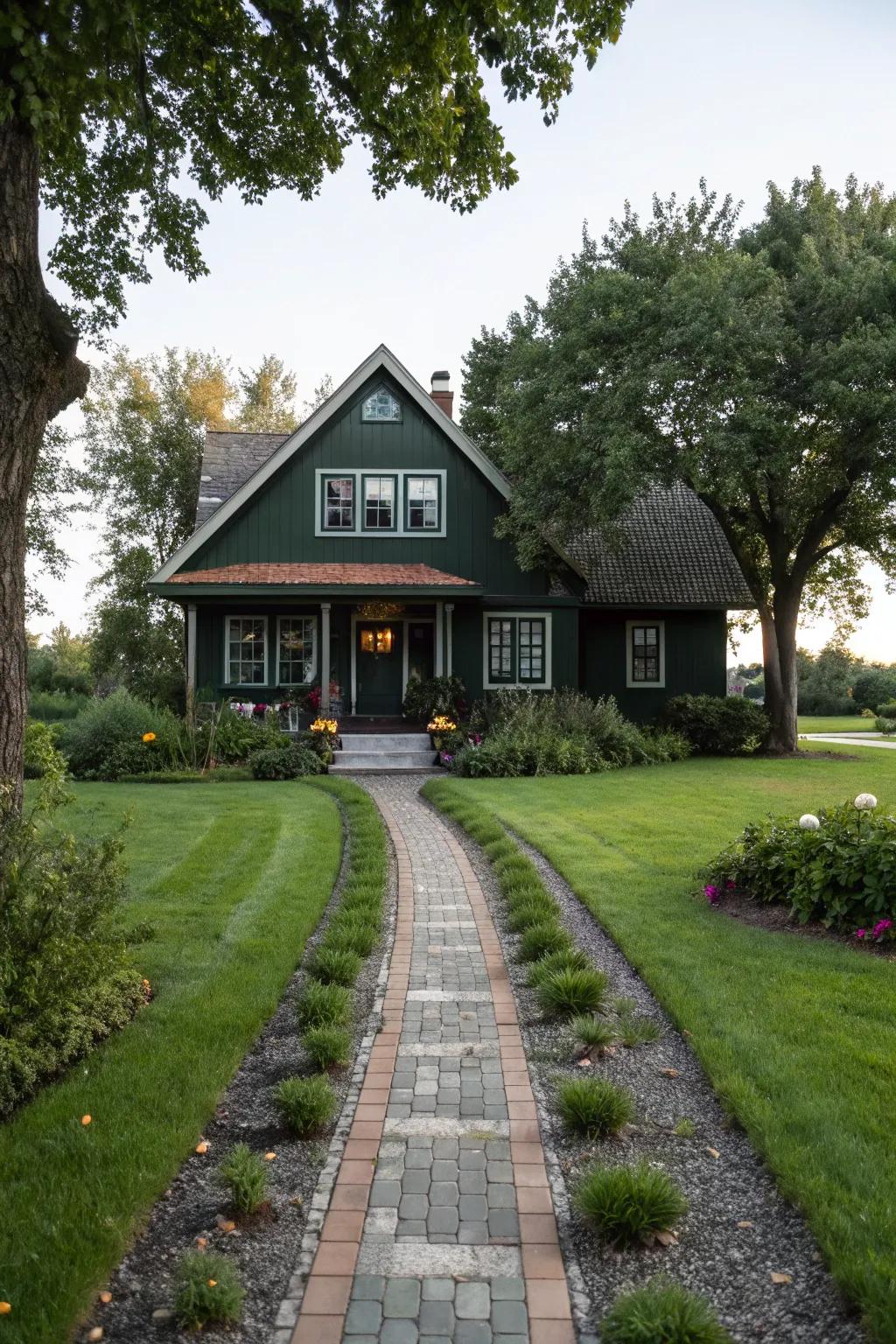 A welcoming paved pathway leading to a beautifully dark green home.