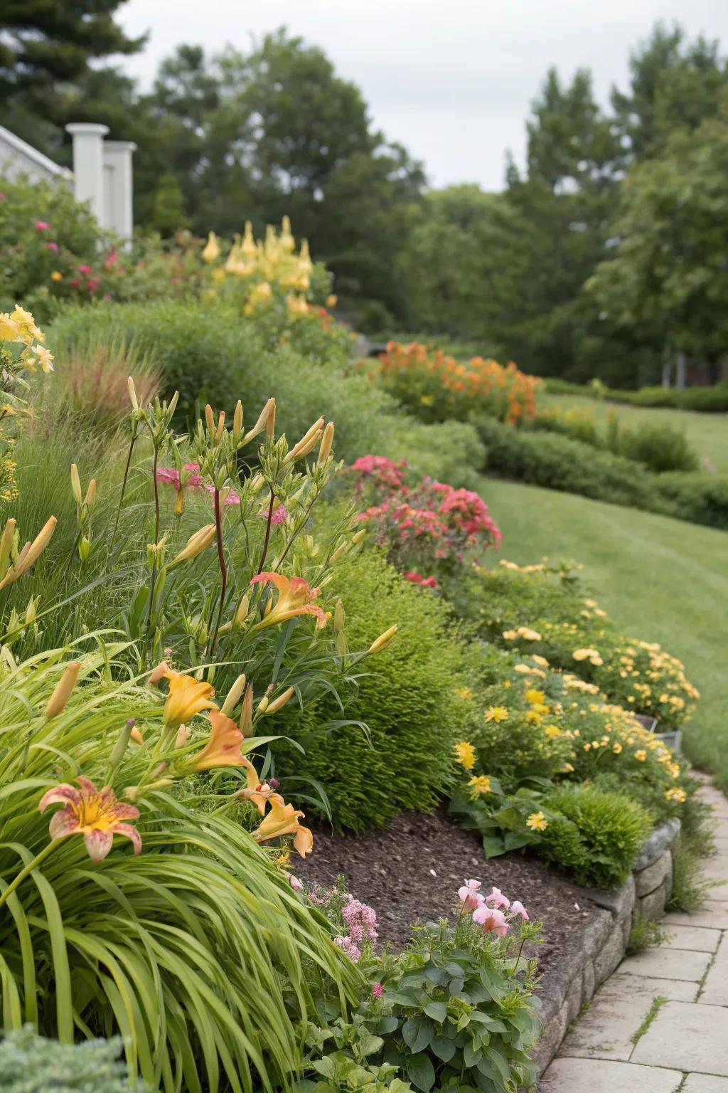 Layered planting with daylilies for added garden depth.