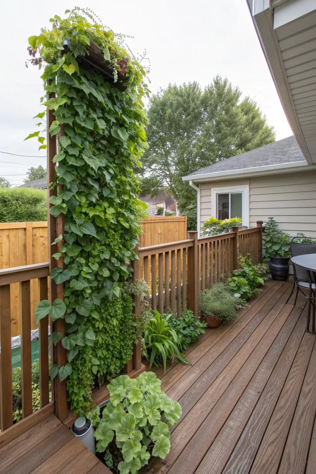 A vertical garden brings lush greenery to this deck.