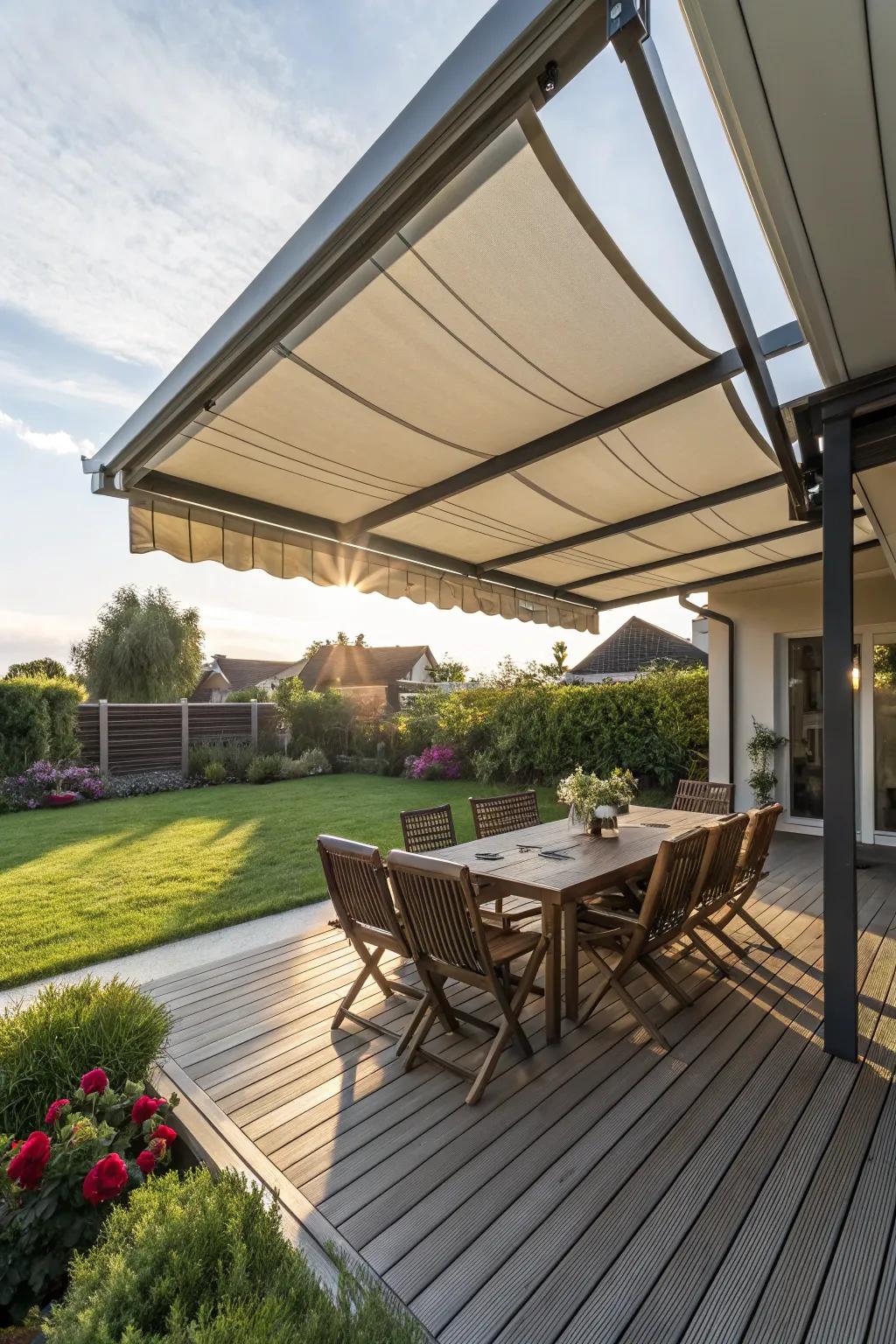 Retractable awnings offer shade on demand.