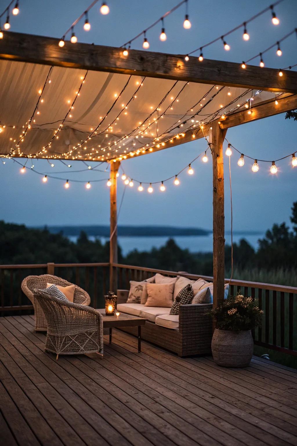 A canopy of lights adds charm and ambiance.