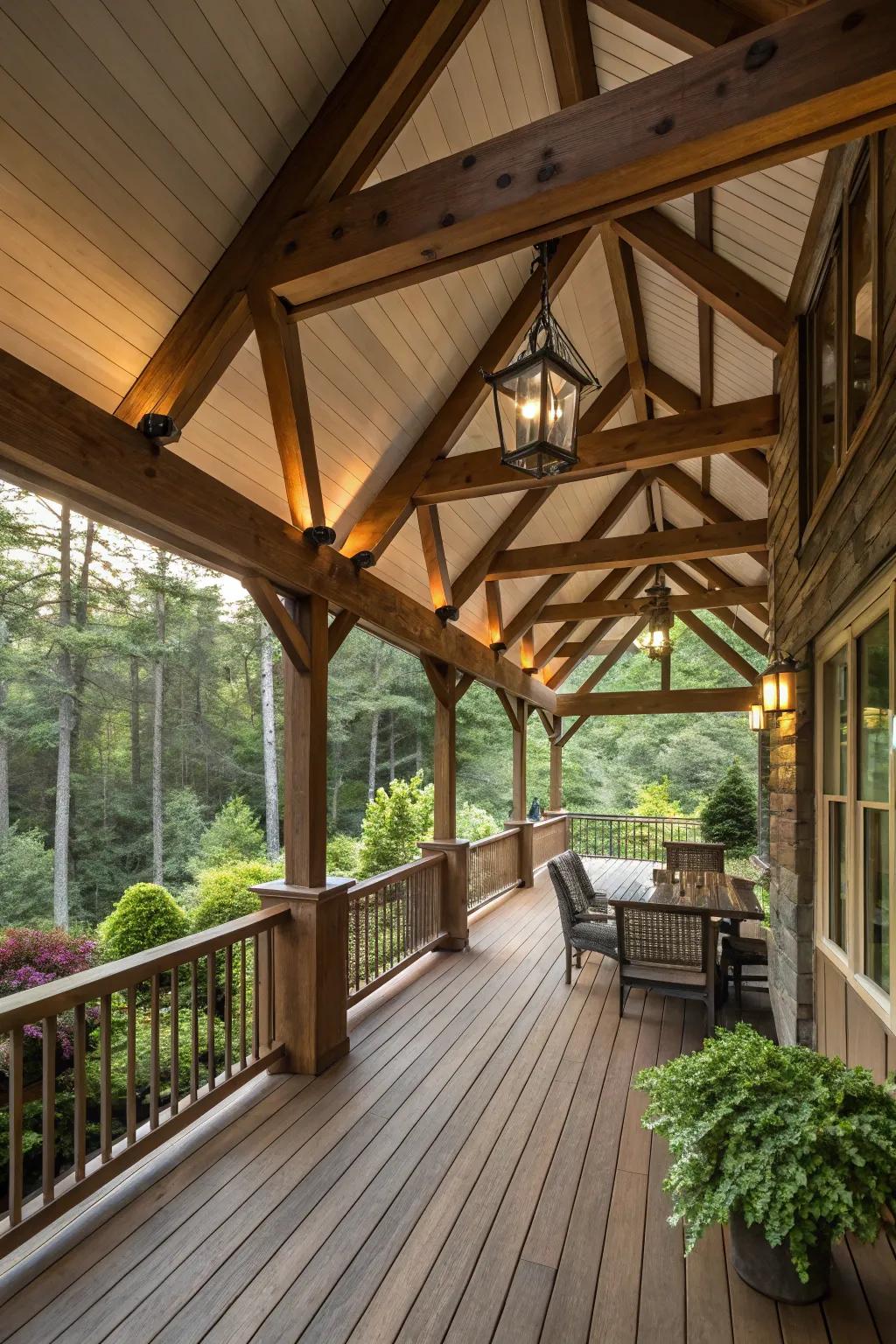 Vaulted ceilings with exposed beams add drama and space.