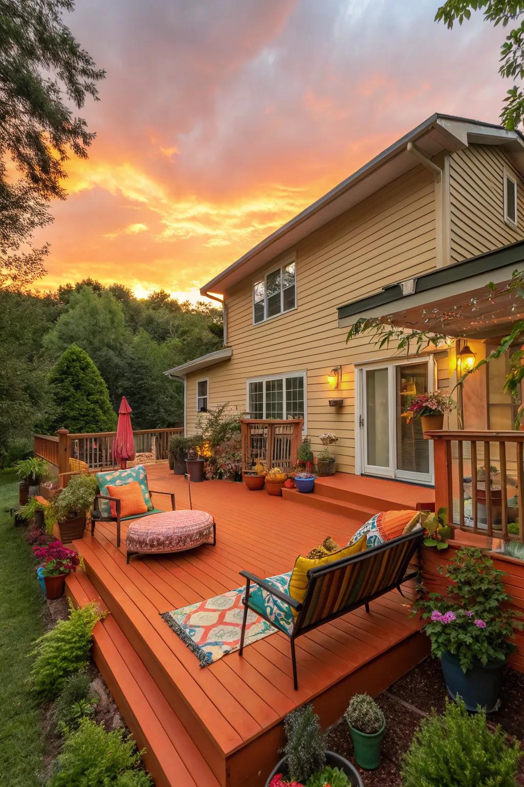 Sunset orange decks bring vibrant energy to outdoor spaces.