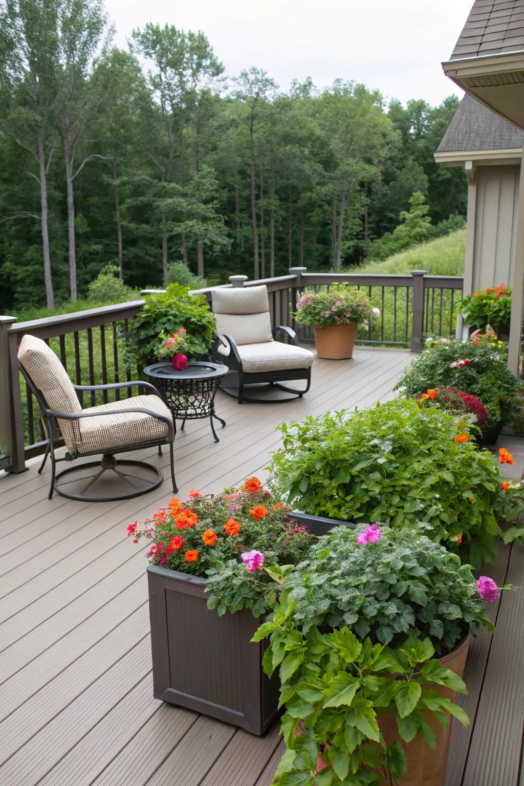 Combine seating with your garden for a relaxing deck retreat.