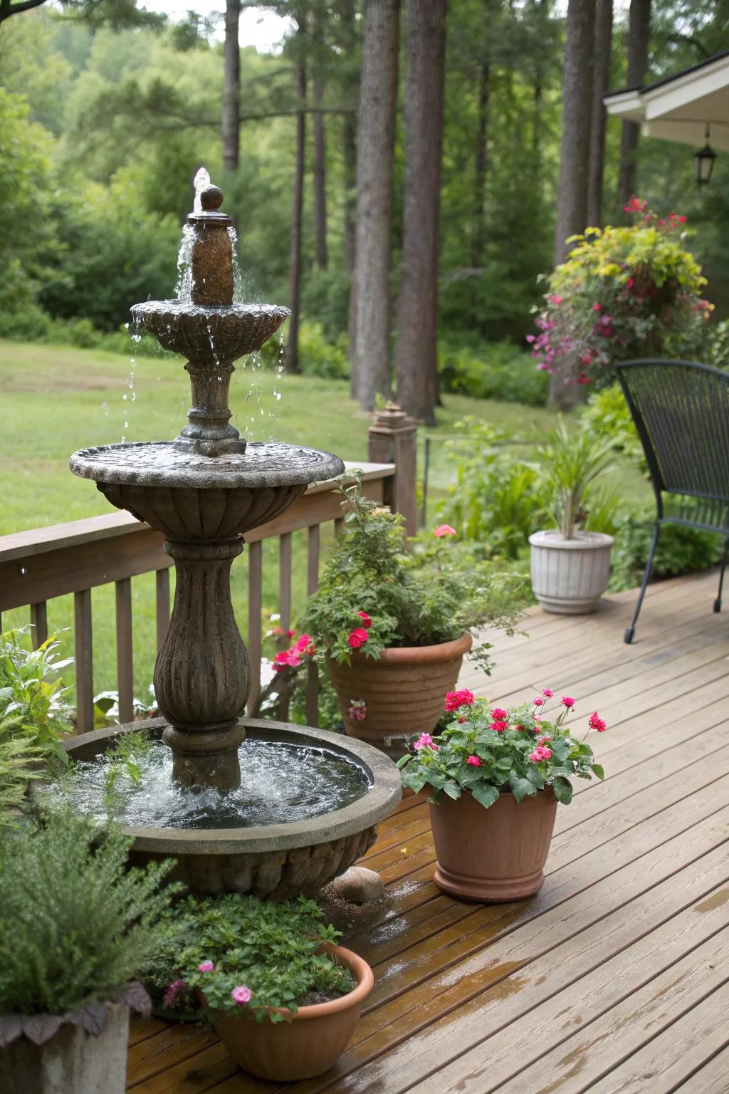 A water feature brings tranquility to your deck garden.