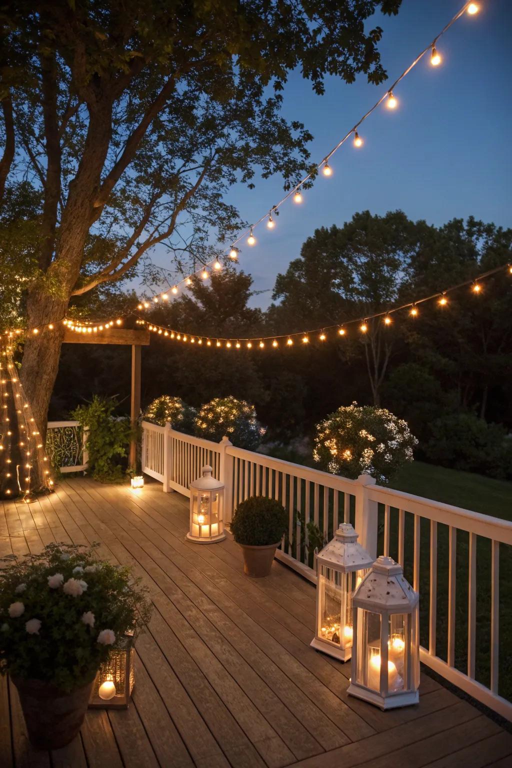 Enchanting lighting creating a magical evening deck ambiance.