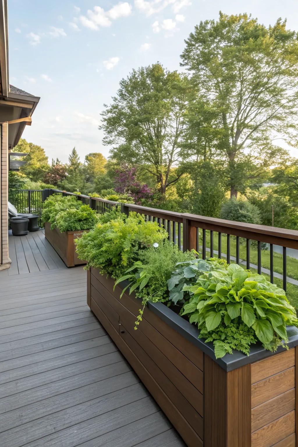 Built-in planters offer a seamless way to add greenery to a side deck.