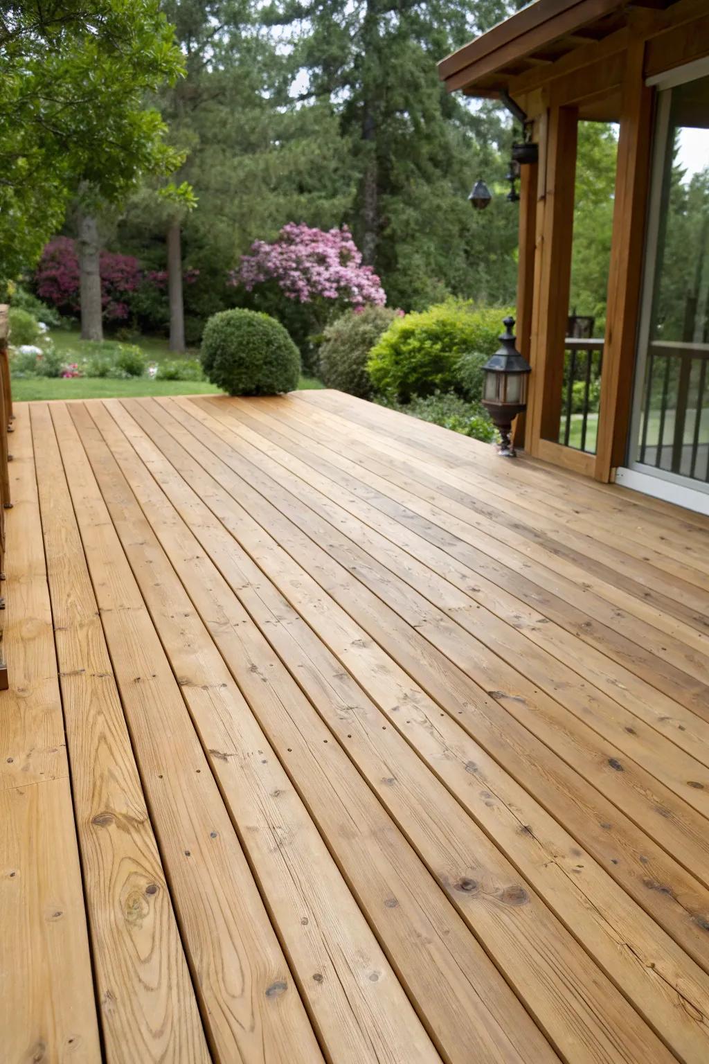 A deck with a natural finish that emphasizes the rich wood grain.