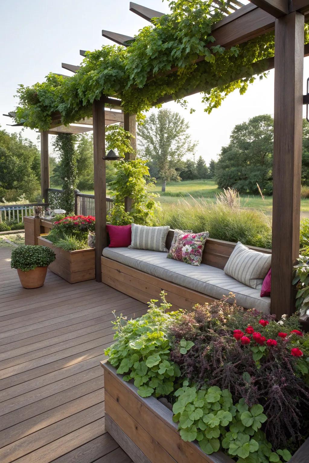 Built-in seating and planters around the posts create a welcoming and functional deck area.