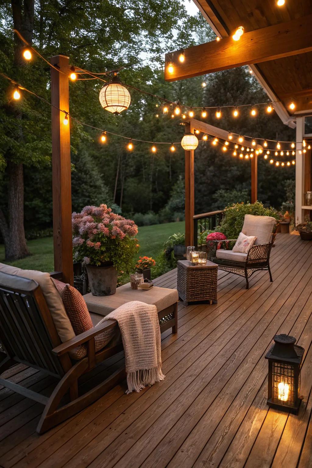 Warm lighting enhances the welcoming feel of the deck.