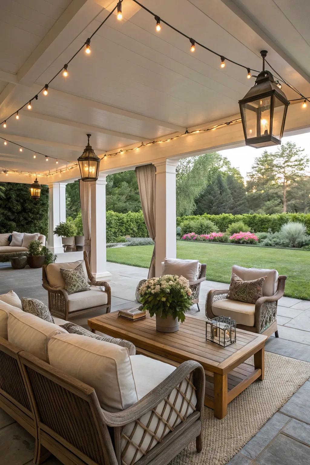 A covered patio offers year-round outdoor comfort and style.