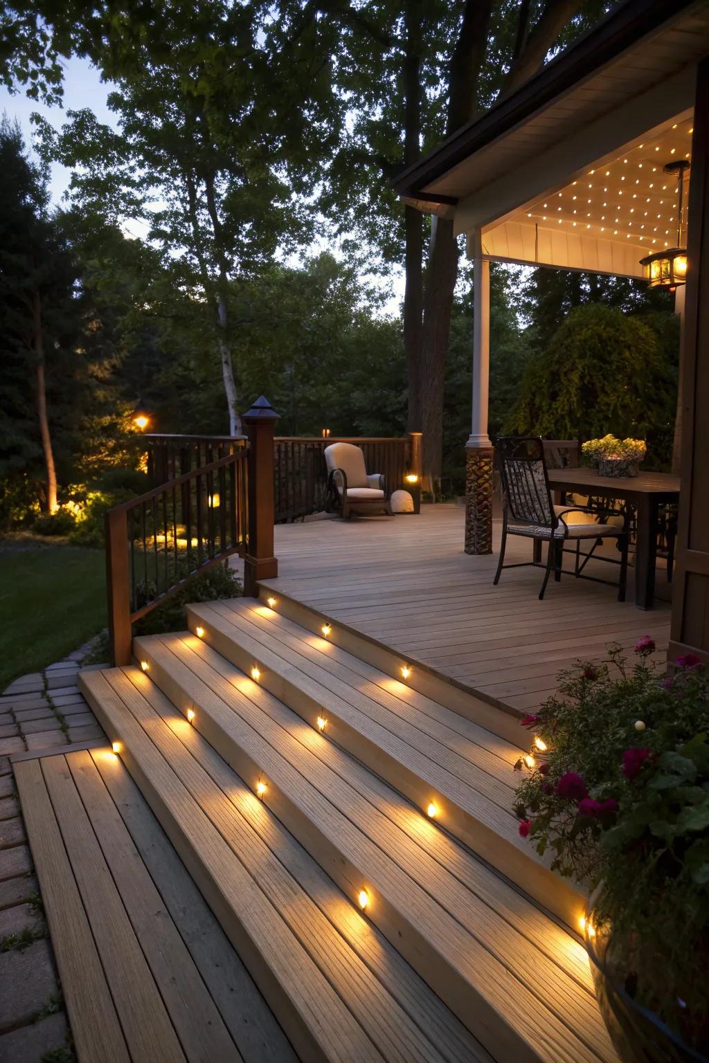 A deck that glows with integrated lighting, perfect for evening enjoyment.