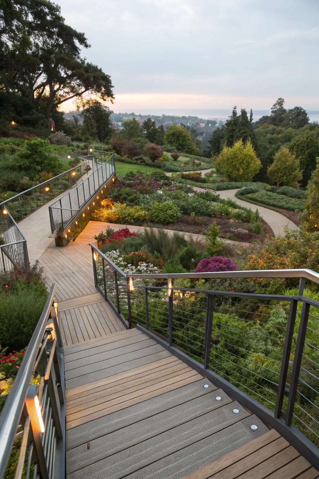 An elevated deck walkway providing a unique garden perspective.
