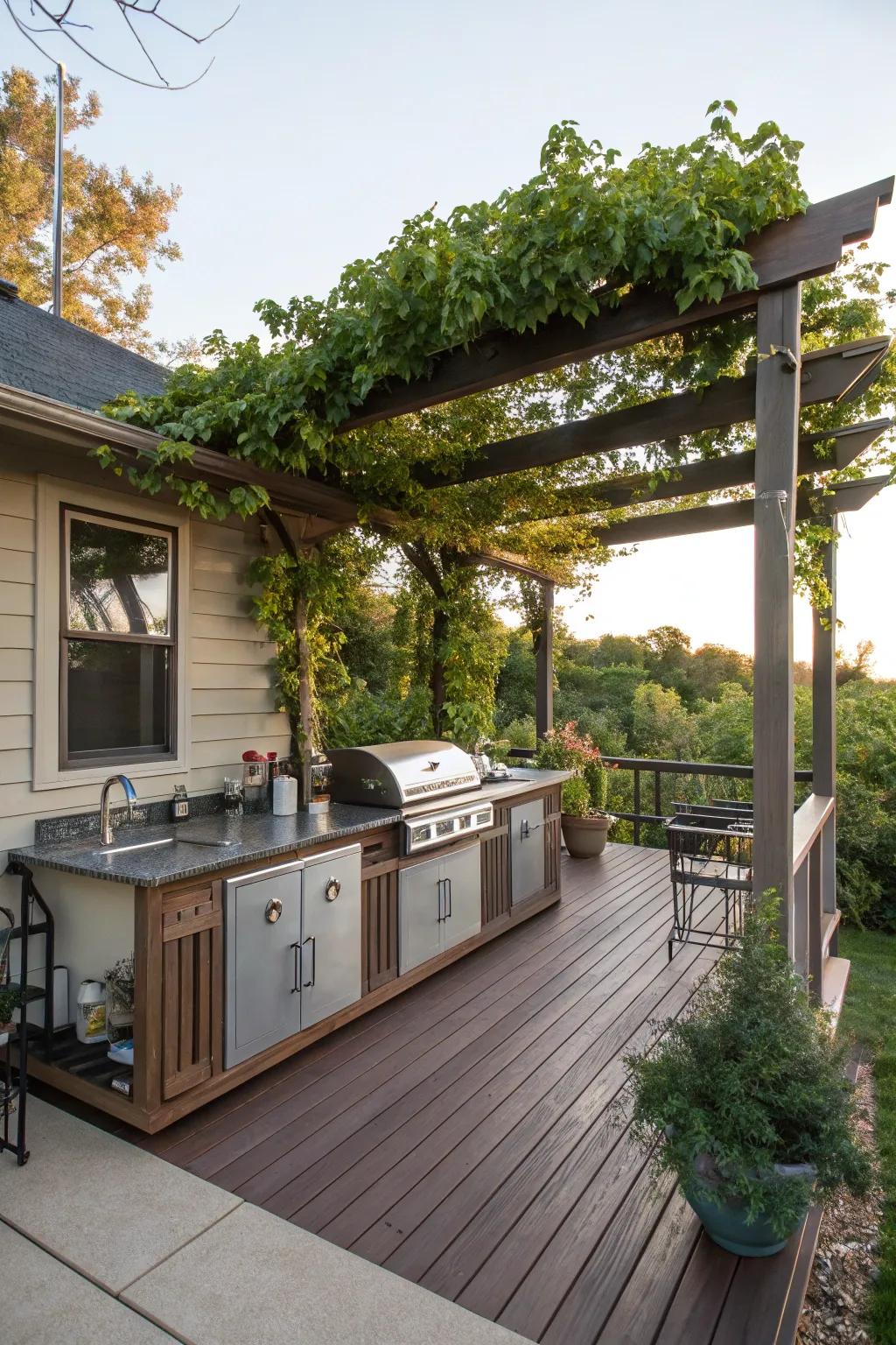 An outdoor kitchen makes hosting a delightful experience.