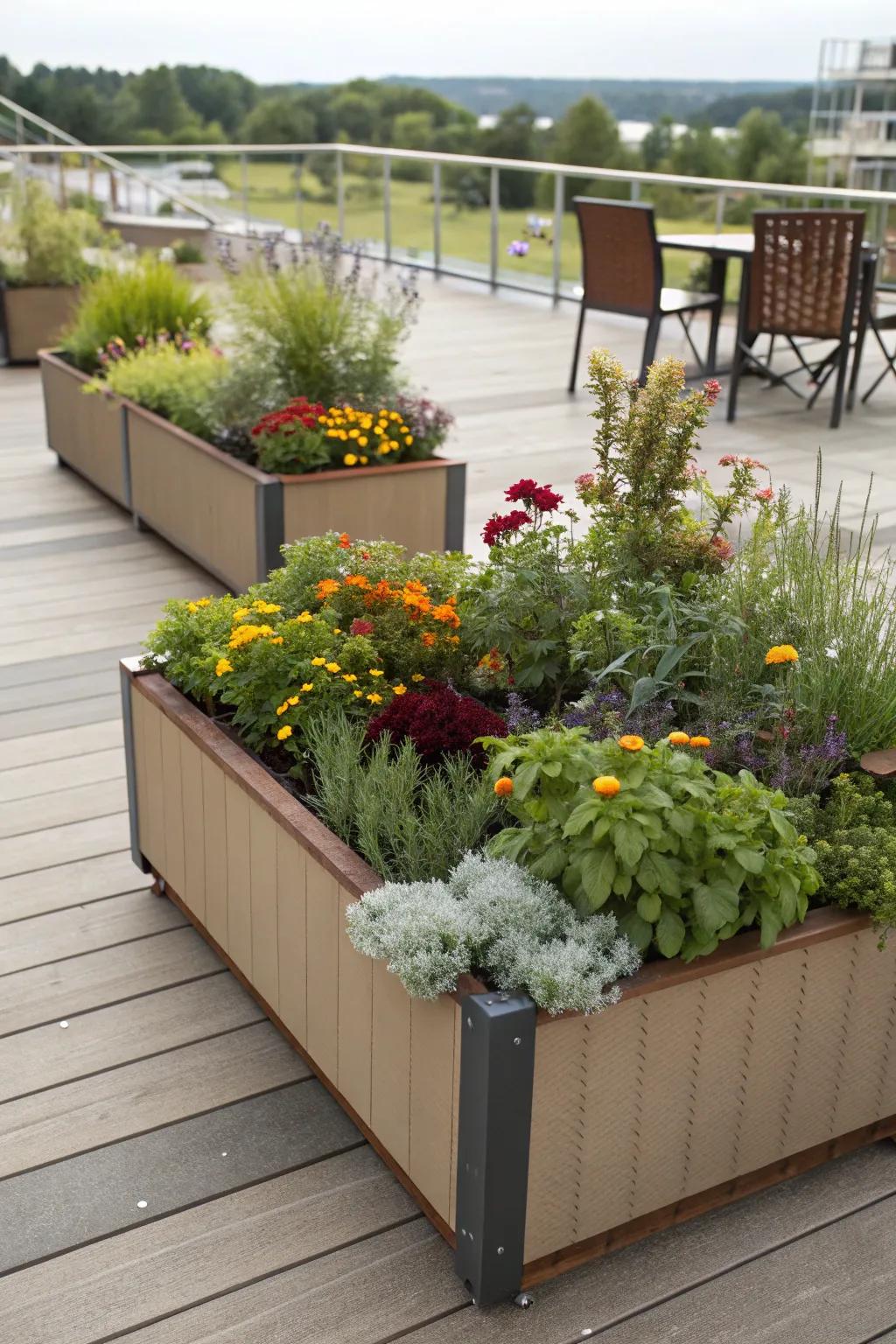 A diverse mix of plants creates a vibrant deck scene.