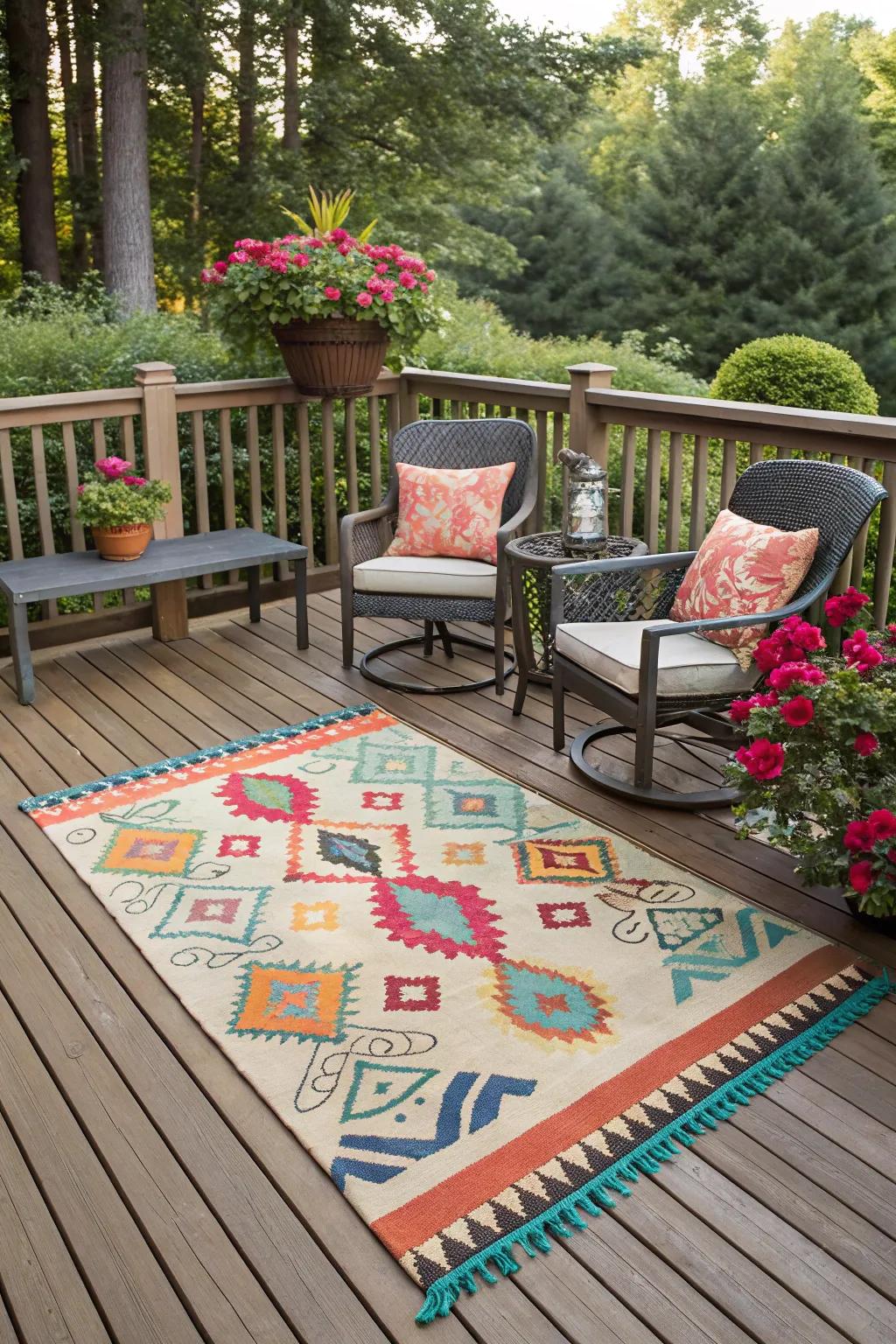 Define your deck space with an outdoor rug.