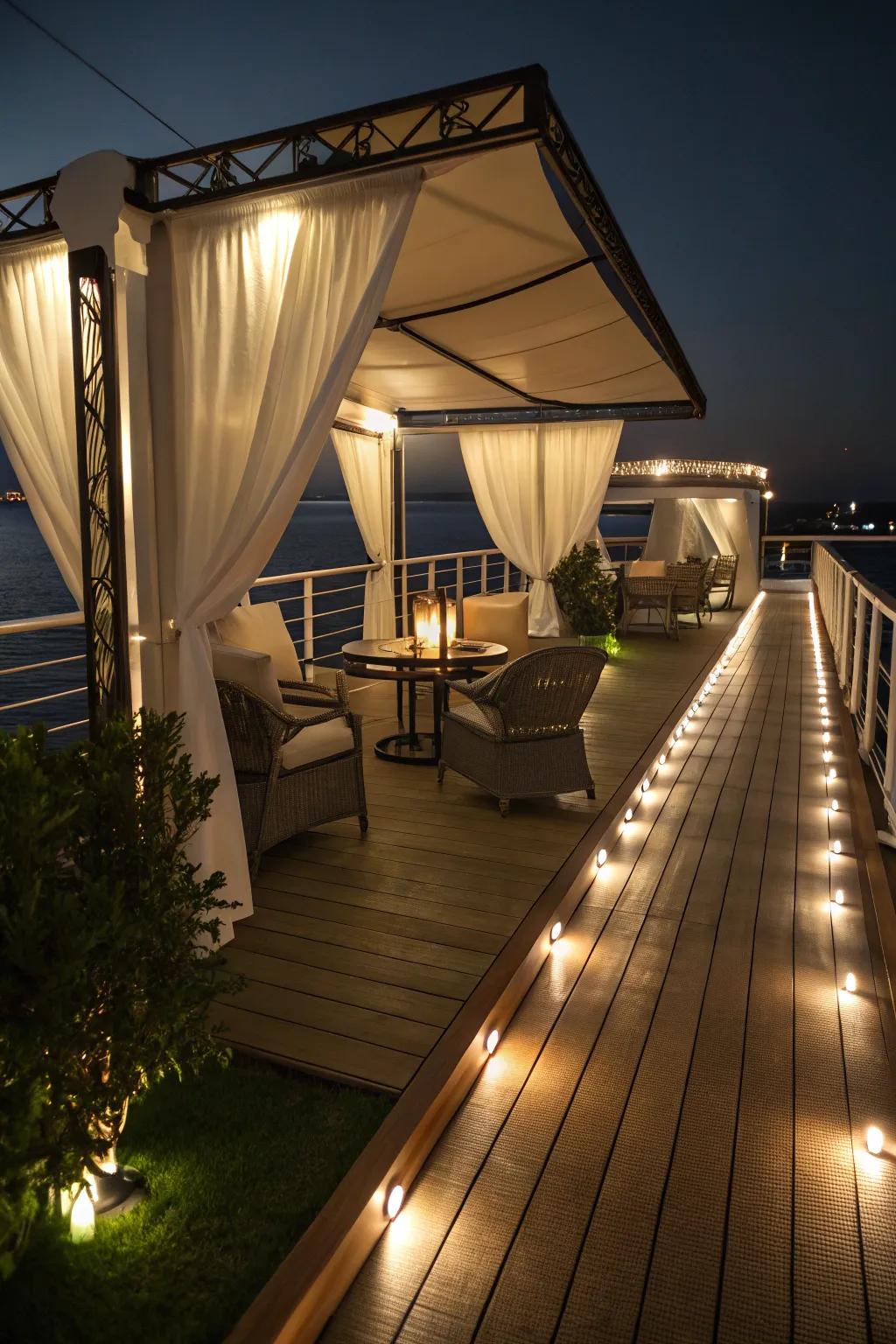 A deck beautifully illuminated with ambient lighting for a cozy evening vibe.