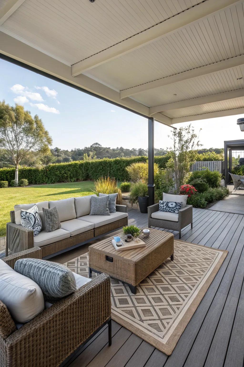 Define outdoor zones with decking tiles for a cozy feel.