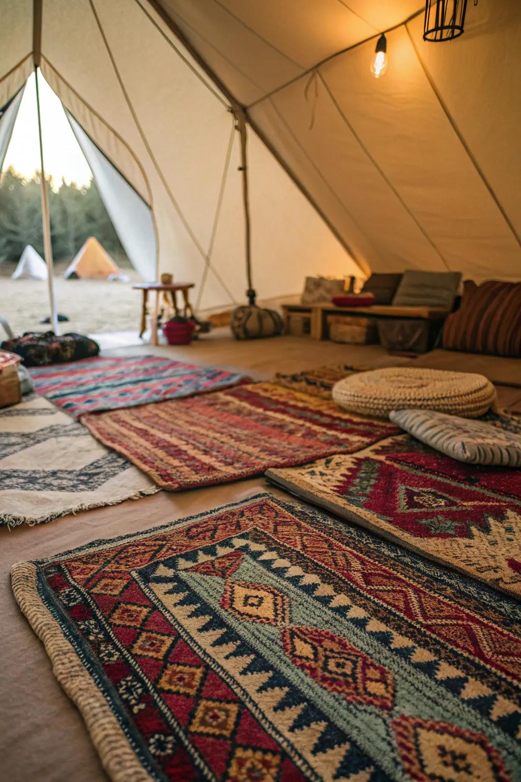 Bohemian rugs add warmth and style to this tent interior.