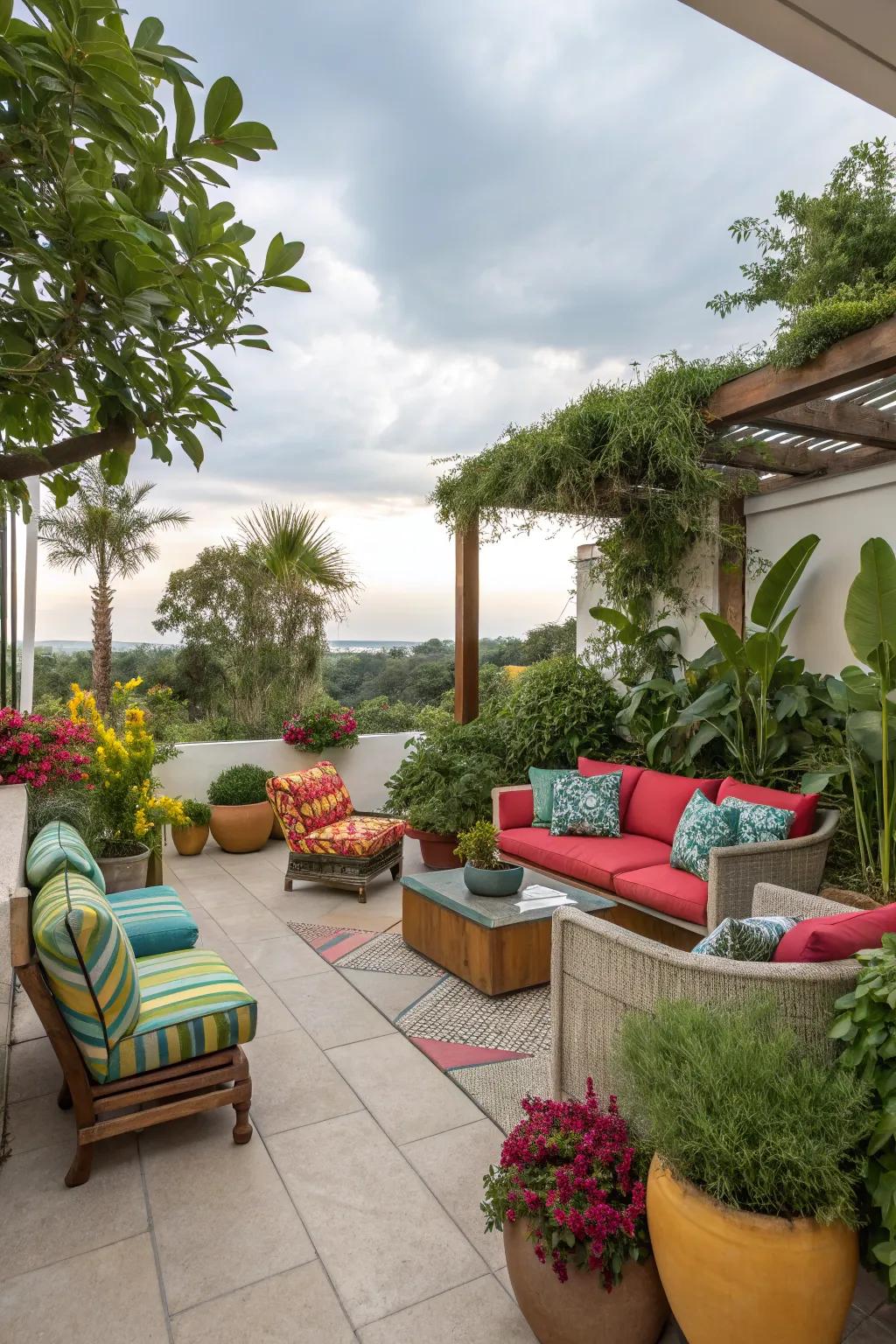 A harmonious color scheme unites plants and furniture on the patio.