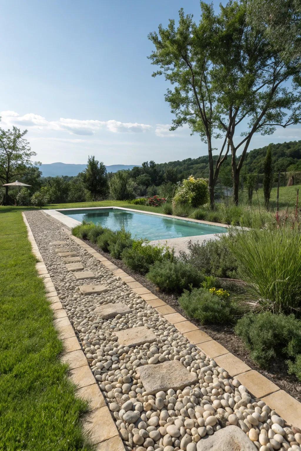 Pebble paths add a natural touch to the poolside.