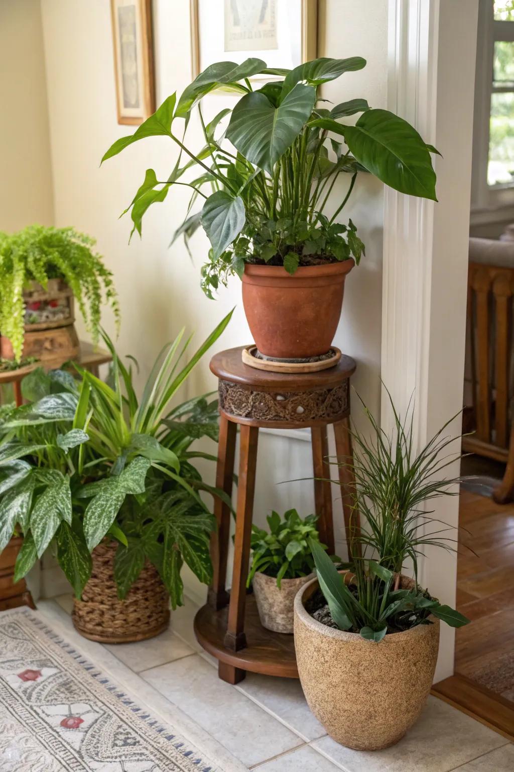 A bright room corner where a garden stool elevates a lush potted plant.