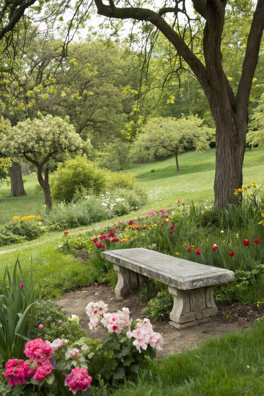 A stone bench provides a serene seating area, blending with nature.