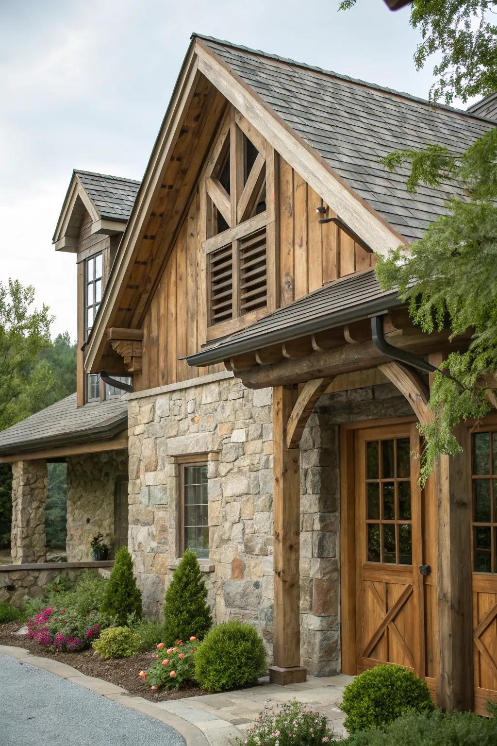 A wooden gable vent enhances the rustic charm of this countryside home.