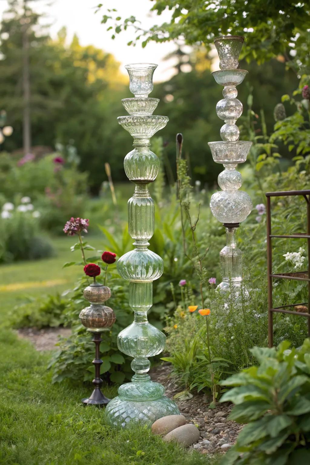 Sparkling garden totems made from vintage glassware.