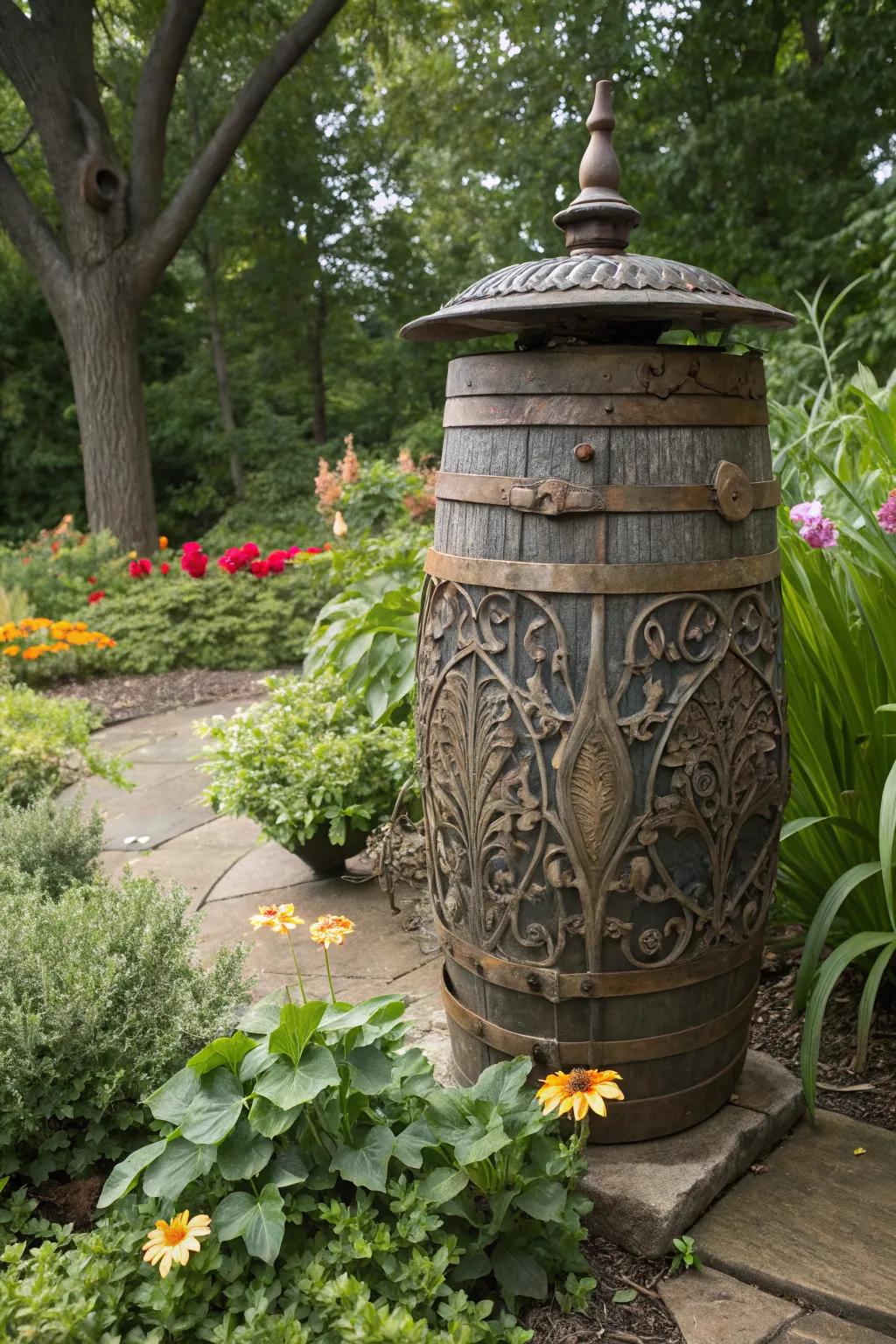 Artistic transformation with metalwork around a rain barrel.