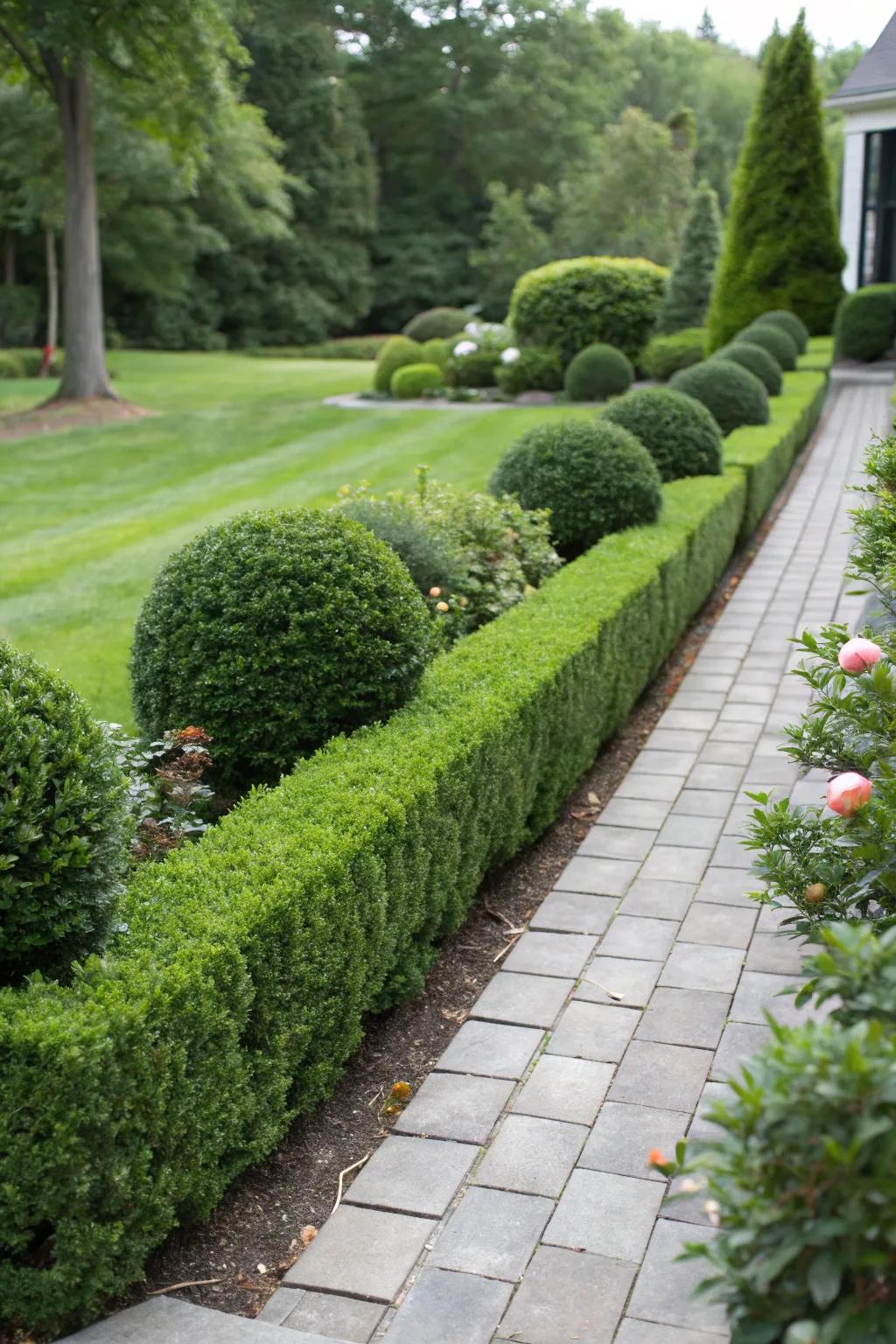 Boxwood hedges provide structure and a natural barrier against deer.