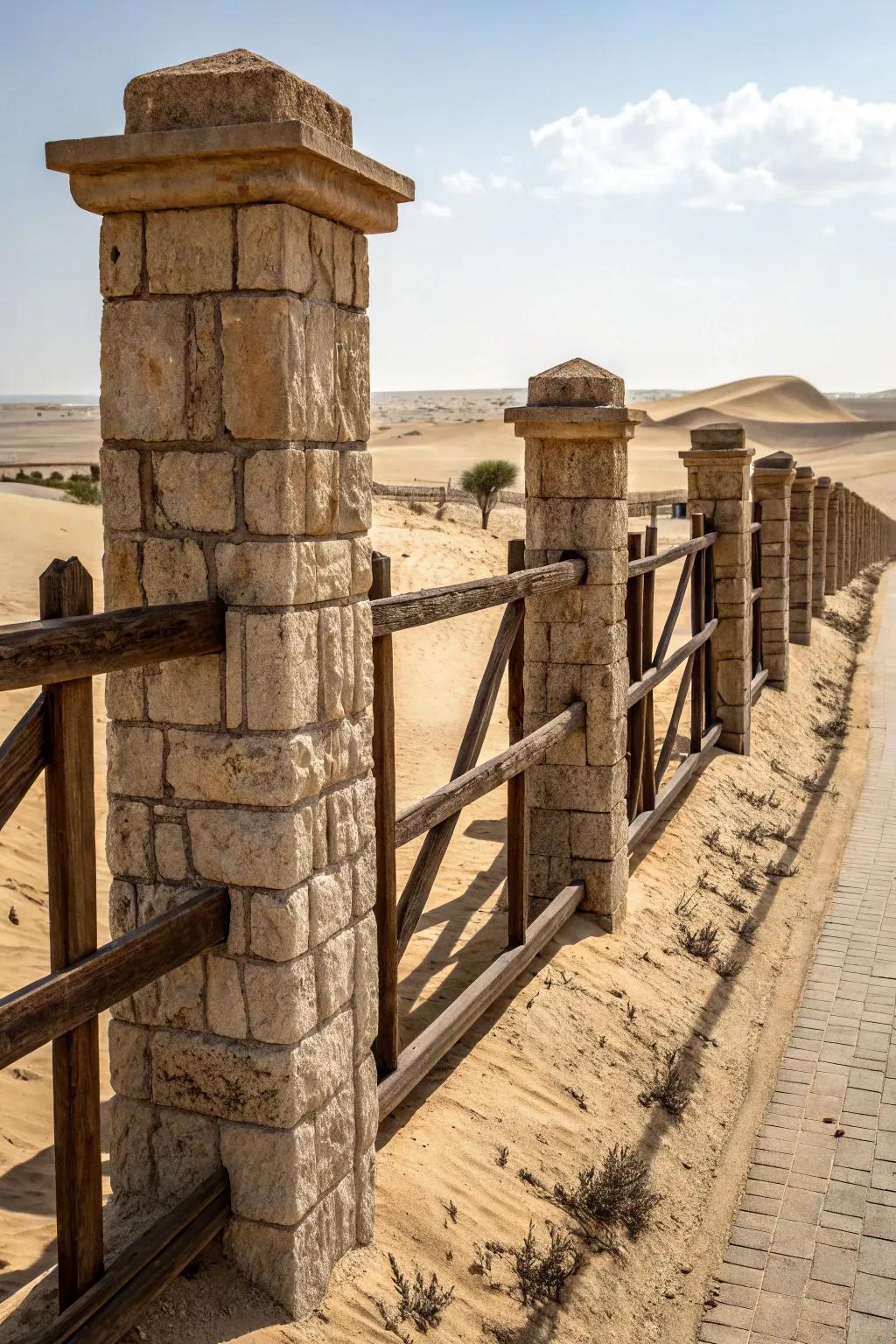 Stone pillars and wooden slats create a classic desert fence.