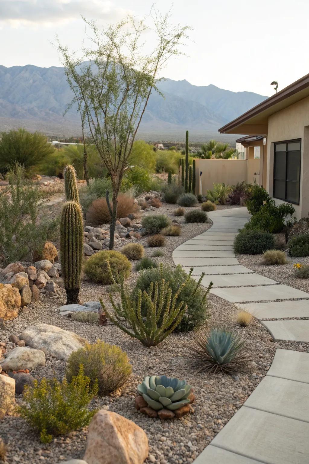A low-maintenance desert front yard that thrives with minimal watering.