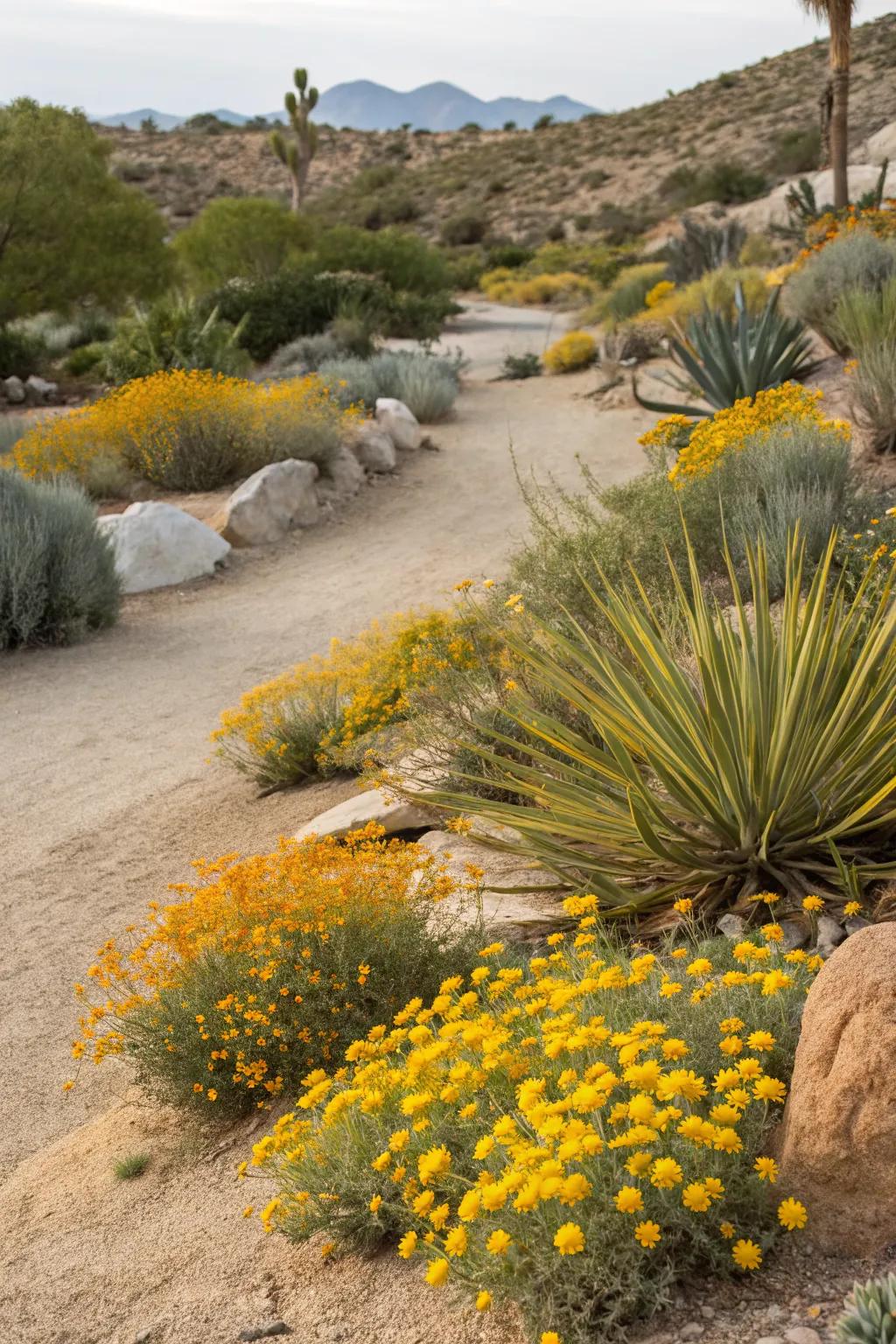Native plants thrive in the desert environment, adding authenticity.