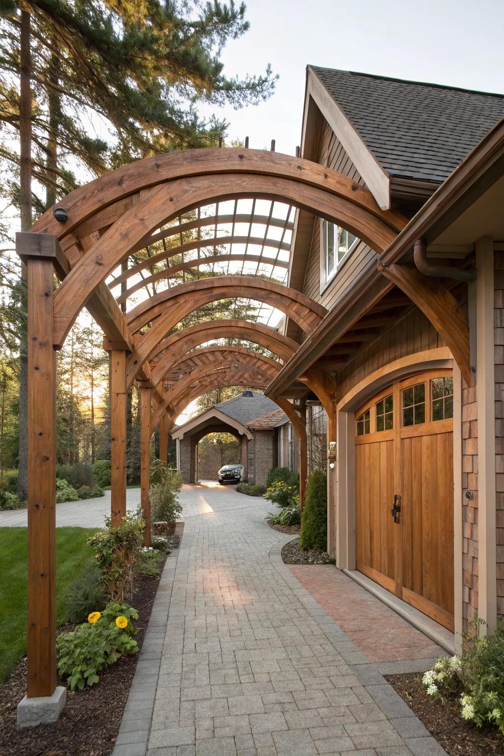 Wooden arches bring charm and character to a breezeway.