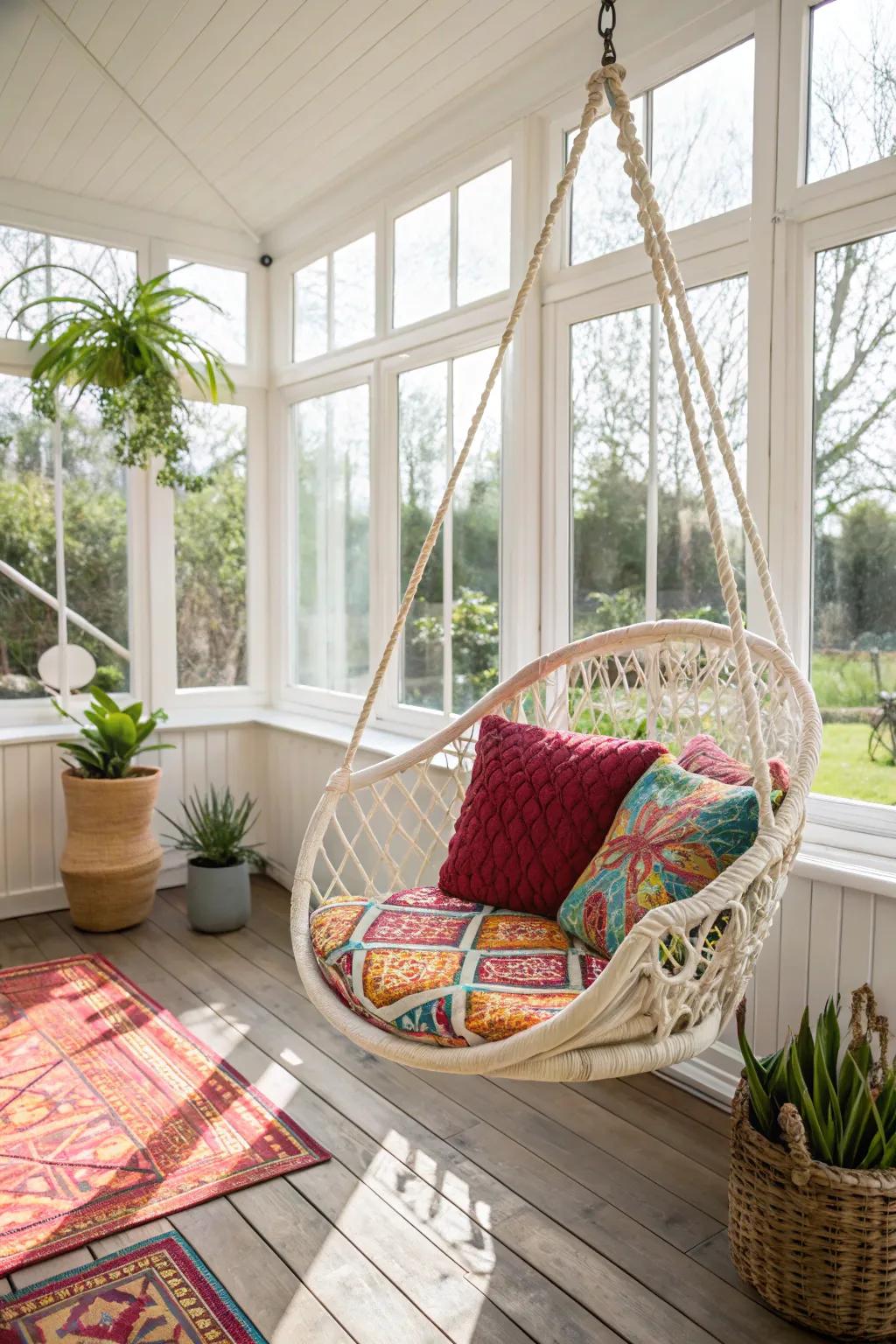 Playful sunroom with a comfortable swing chair.
